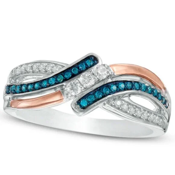 Diamond Three Stone Bypass Ring – 10K Rose Gold & Sterling Silver - Size 7 - Picture 1 of 9